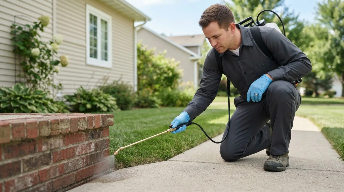 Pest control technician treating a home near Calais, VT